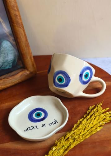 Image of WEAVING HOMES Handcrafted Ceramic Evil Eye Mug & Nazar na Lage Dessert Plate (Set of 2, Multicolor) - Coffee Mugs and Dessert Plates for Birthday Gifts, Mugs for Office and Travel