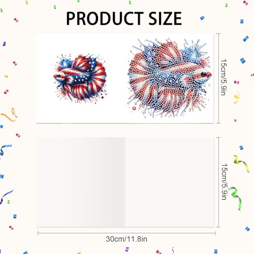 Image of 6-Piece 5D Diamond Art Greeting Card Kit with Envelopes, USA Independence Day Goldfish Design, DIY Special Shape Diamond Painting Greeting Cards for Adults, Handmade Card Craft Holiday Gift, 30x15cm