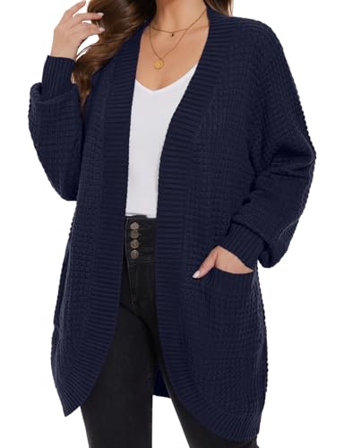 Image of MONNURO Womens Plus Size Open Front Cardigan Waffle Knit Long Sleeve Sweaters Tops Fall Coat Outerwear with Pockets