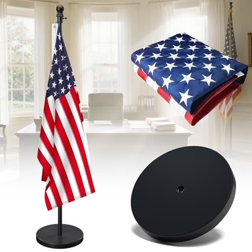 American Flag with Pole and Stand - Heavy Duty 1 Free Standing Indoor Flagpole Set with 3x5ft Embroidered US Flags Weighted Base 6-8 FT Adjustable Portable For Office Church School (Black)