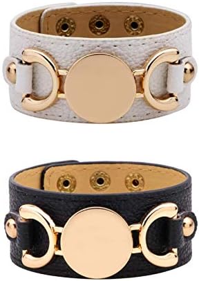The Woo's 2 Pcs Punk Style Leather Bracelet Leopard Wristbands Wide Belt Cuff Bangle Rock Wrap for Women Girl Adjustable Dual D Leather Wrap Bracelet Vintage Handmade Jewelry-Black White