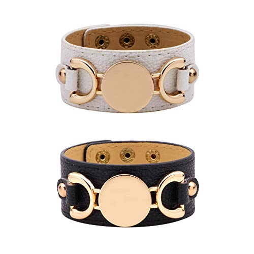 The Woo's 2 Pcs Punk Style Leather Bracelet Leopard Wristbands Wide Belt Cuff Bangle Rock Wrap For Women Girl Adjustable Dual D Leather Wrap Bracelet Vintage Handmade Jewelry-Black White #TOP29