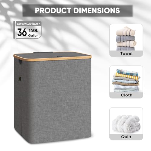 BALEINE Laundry Hamper with Lid, Tall Laundry Baskets with Bamboo Pull Handles, Large Laundry Bin with Internal Support (36 Gal/140L, Black)