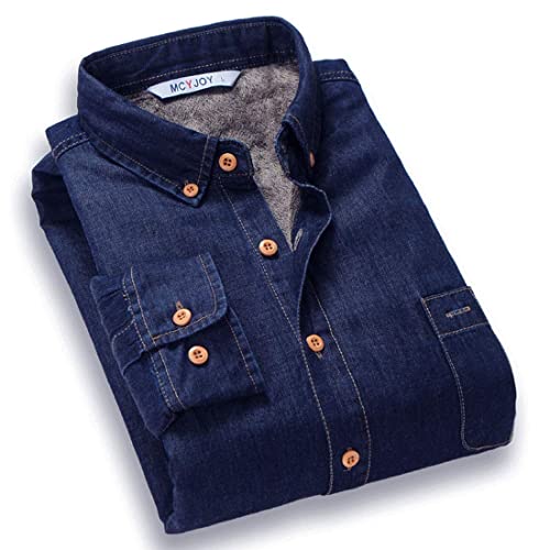 Juankrynord Camisa Vaquera Informal de Manga Larga con Botones y Forro Polar para Hombre de Invierno cálida de Color Liso Gruesa y de Mezclilla (Azul Oscuro,XXL)