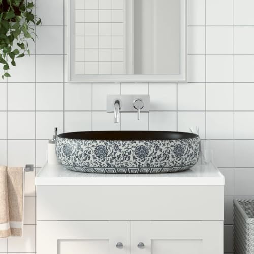 Vetnasa Lavabo sobre encimera Ovalado cerámica Negro y Azul 59x40x14 cm Bricolaje, Fontanería, Piezas para fontanería, Lavabos y fregaderos, Lavabos Negro 12,05 KG