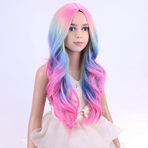 Pattnium Child Kids Colorful Wigs Long Curly Wavy Multicolor Wig For Girls Kids Rainbow Wig Colored Synthetic Cosplay Party Halloween Wig With Wig (Colorful) #TOP1