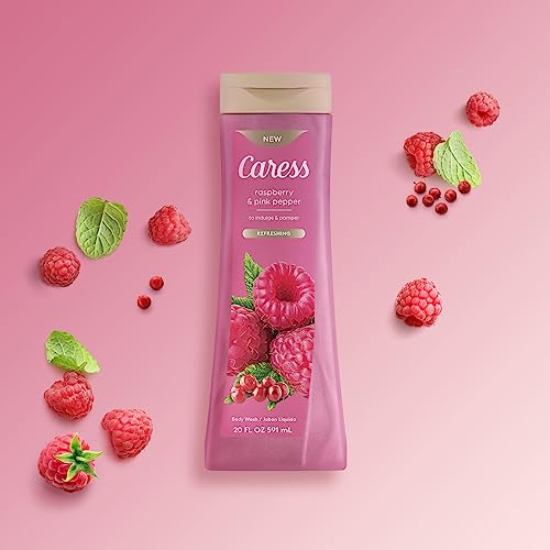 Image of Caress Body Wash Raspberry & Pink Pepper To Indulge And Pamper Refreshing Body Soap 20 fl oz, Pack of 4