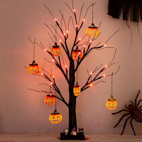 PEIDUO Halloween Indoor Decor, 2FT Halloween Tree with 24 Orange Lights and 8 Pumpkin Ornaments, Light up Halloween Decorations Black Tree with Timer for Indoor Home Desk Table Decor Battery Powered