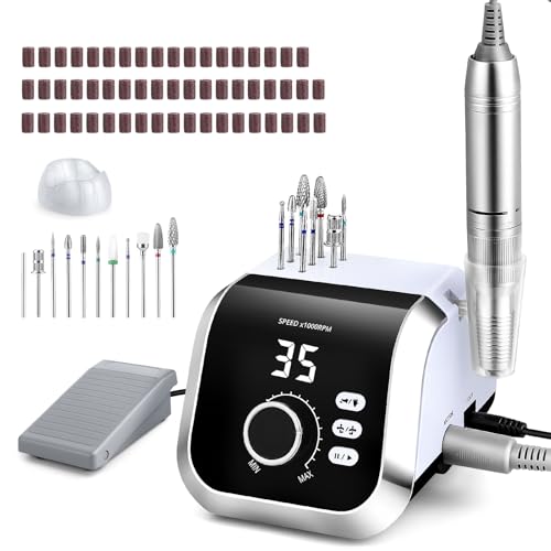 Nagelfräser für Gelnägel 45000 U/MIn, Professionell Fräser Nägel Elektrische Nagelfeile mit Fußpedal 45 Getriebestufen LCD Anzeige F/R Drehrichtung Pause Funktion für Gelnägel und Acrylnägel