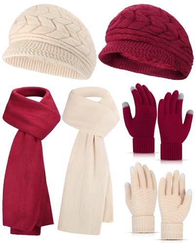 6 Pcs Winter Hat Gloves Scarf Set for Women Warm Knitted Beanie Hat Mittens Scarves Slouchy Visor Hats Scarf Gloves