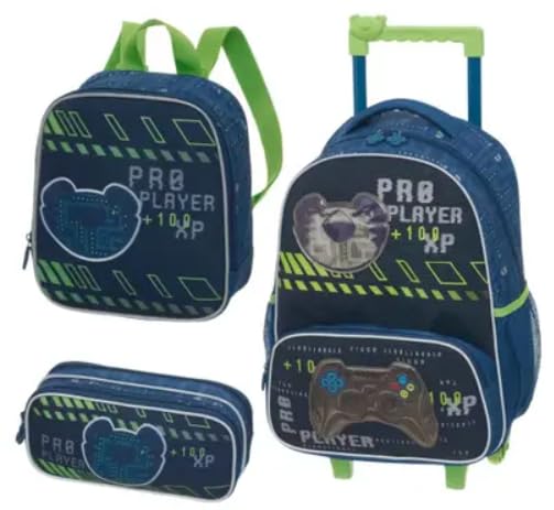 KIT ESCOLAR TIGOR GAMER BOLSA CARRINHO SEM ALÇA, ESTOJO DUPLO E LANCHEIRA 100% ORIGINAL
