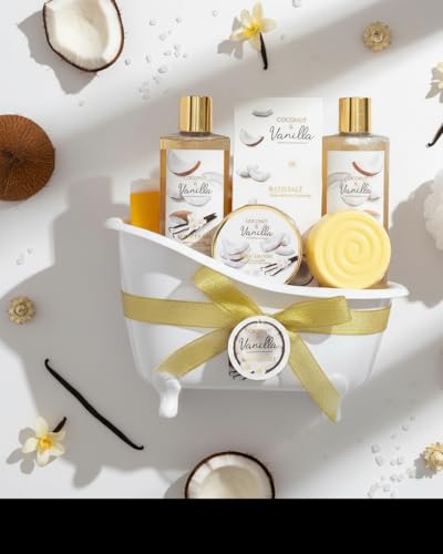 Image of Mothers Day Gifts for Women and Men - 8-Piece Bath Kit Coconut Vanilla Bath & Body Gift Set for Women Self Care Spa Gift Baskets | Perfect Gifts for Mom, Birthday Gift, All Occasion Holiday Present