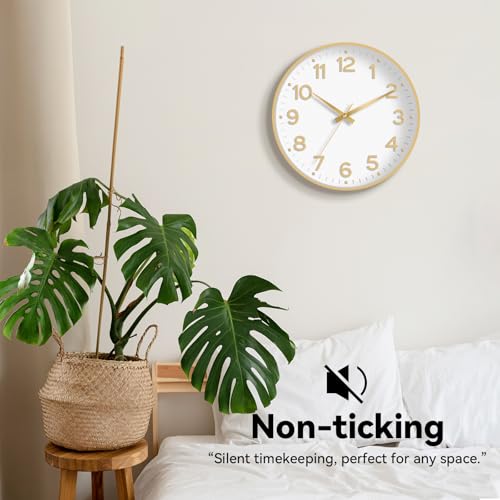 Image of Roymnie Wall Clock, 10 Inch Silent Wall Clocks Battery Operated-Modern Non Ticking Analog Clock Decorative for Kitchen Bedroom Office Bathroom(White Gold)