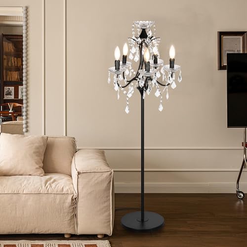 Obihivlo 5-Light Black Crystal Candelabra Floor Lamp, 65' Tall Antique Chandelier Floor Lamp with...