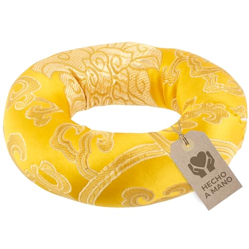 Cojín de cuenco tibetano en forma de anillo para la posición segura de su cuenco tibetano (hasta Ø 20 cm) y más sonido, artesanía tradicional, amarillo-oro