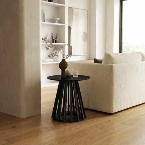 Image of HNY Modern Round Fluted End Table, Black Wood Pedestal Side Table, Drum Accent Bedside Drink Tables for Living Room Small Space Couch
