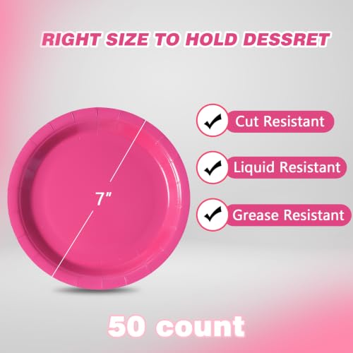 Image of Hot Pink Disposable Paper Plates, 7 Inch Dessert Cake Plates, 50 Count Bulk