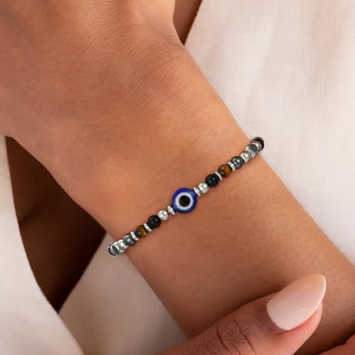 Image of Natural Healing Crystal Bracelet for Women, Triple Protection Anxiety Relief New Beginnings Good Luck Empath Protection Jewelry Gift for Friends Daughter Mom 6.5+1.8 Inches