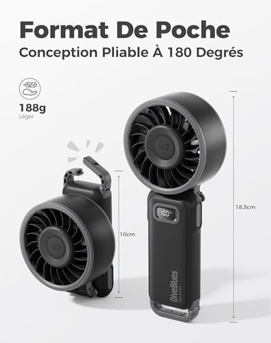 Diveblues - Ventilateur Portable Compact et Élégant avec Batterie - Usage Main, Bureau, Cou ou Pliable - Ventilation Jusqu'à 12 Heures - Idéal pour Bureau, Voyage, Plage, Camping – vue 2