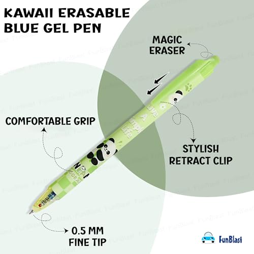 Image of FunBlast Cute Panda Erasable Gel Pens - 12 Pcs of Gel Pen with Magic Eraser, Kawaii Gel Pens, Lightweight Gel Pen with Comfortable Grip, Stationery for School & Office - Blue Ink