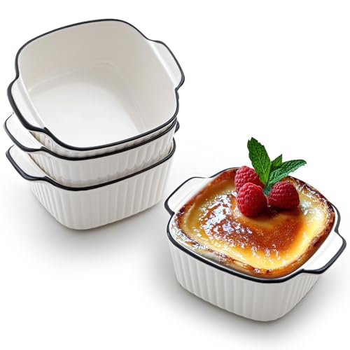 Maxdot 4 Pcs Ceramic Baking Dishes Porcelain Soup Bowls 5.75 Inches Ceramic Square Cereal Bowls With Handles For Kitchen Air Fryer Oven Microwave Safe Serving Mother's Day Wedding Party Gift