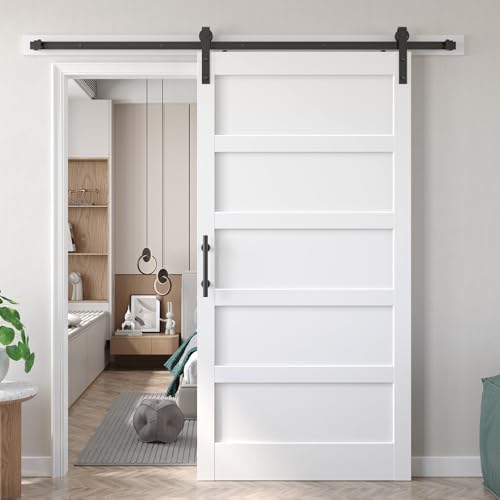Fredbeck 42x84 inch White Barn Door with 7FT Sliding Door Hardware Kit Included & Handle,MDF,Solid PVC Surface,DIY Assembly,5-Panel,Fit 38in-41in Opening