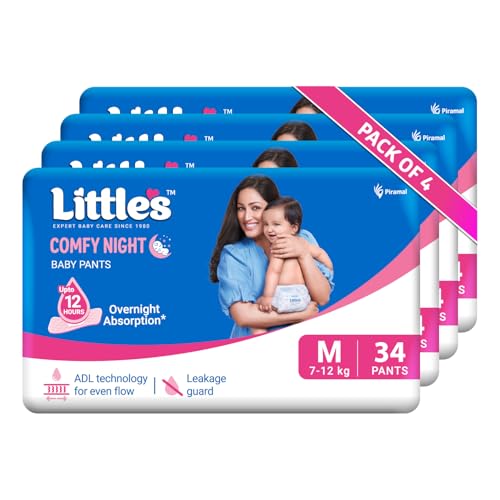 Image of Little's Baby Diapers M Size (Medium) Pants Style | 7-12 kg | 136 Count | Comfy Nights Baby Diaper Pants with Leakage Guard & Upto 12 Hours Absorption (34 Count, Pack of 4)