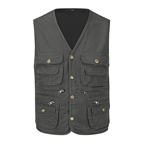 YOUTHUP Men's Multi Pocket Gilet Outdoor Fishing Vest Cotton Photography Hunting Safari Waistcoat Utility Sleeveless Jacket,Dark Green,S