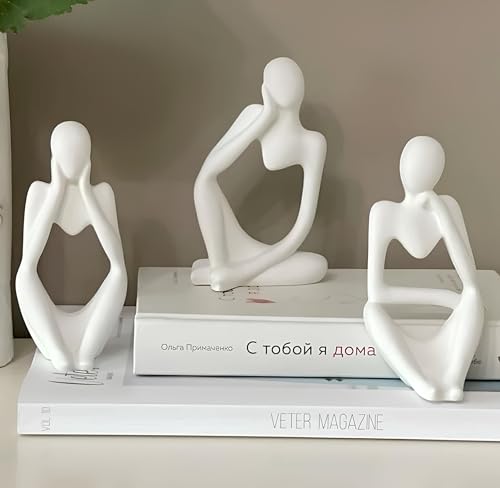 Image of Ceramic Thinker Statue 5In -Set of 3 | Abstract Men Figurine Showpiece Modern Sculpture | Home Decor for Living Room Bedroom Bookshelf Office Table | Housewarming Birthday Gift (White)