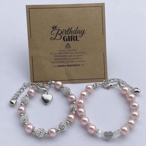 Image of DOLON 2 Pcs Imitation Pink Pearls Crystal Beads Heart Charm Bracelets Gift for Granddaughter,Sister,Daughter with Graduation Birthday Christmas First Day Wish Card