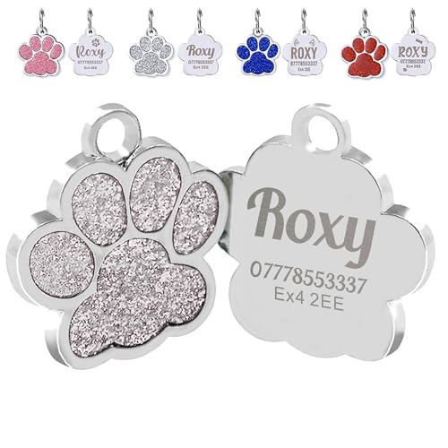 EDSG Cat Dog Tags Personalized for Pets, Dog Name Tags Cat Name ID Tag, Engraved Dog Tags Dog ID Tags Small Glitter Bling ID Tag Paw Print for Cat Pet Dog Puppy(Silver,Design 1)