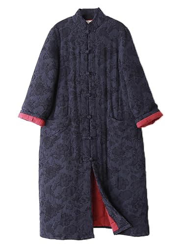 LZJN Women's Chinese Frog Button Long Trench Coat Quilted Lightweight Jacquard Jacket with Pocket2