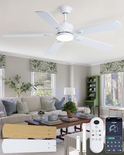 Coolwind 56 Inch White Bedroom Ceiling Fan with Display Remote/APP Control