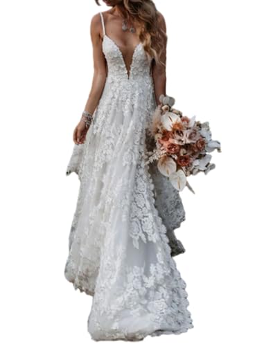 A-Line Sexy Boho Wedding Dresses Bridal Gowns Sweetheart Sleeveless Court Train Lace with Appliques Split Front 2024