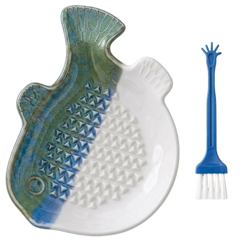 Garlic Grater Plate Ceramic Grater Plate for Kitchen Ingredient Preparation Space-Saving Design with Cleaning Brush Fish Blue Colour