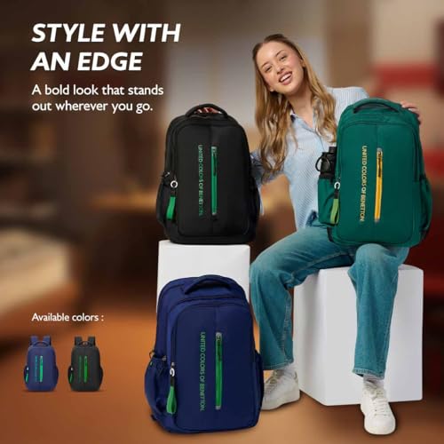 Image of United Colors of Benetton Unisex High-School Backpack RUNWAY | 3-Compartment Slim Design with Branded Print | Backpack for School Girls and Boys | 25L Capacity