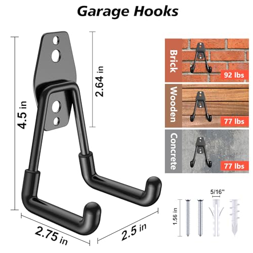 Image of 4 Pack Heavy Duty Garage Hooks,Solid Steel Wall Mount Hangers,with Anti-Slip Coating,for Hanging and Organising Ladder,Bike,Ropes,Broom,Garden,Yard and Power Tools(4.5x2.75 inch)