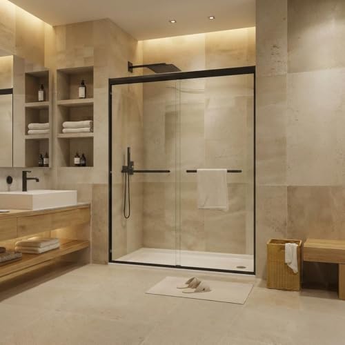 Image of Double Sliding Shower Door, 56-60 Inches Wide x 72 Inches High, 6mm Tempered Glass with Smooth Glide System, Frameless Design for Contemporary Bathroom Renovation