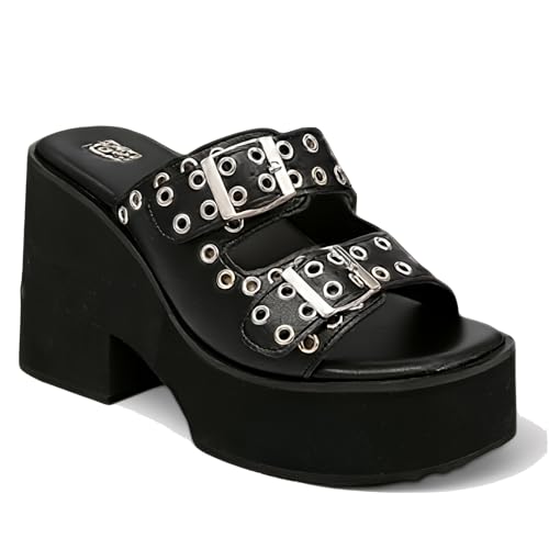 Women Platform chunky heel Gothic Slide Sandals with Adjustable Double Strap Buckle Fashion Square Toe Slip-On Comfortable block high heel Punk sandals For Summer Cosplay Parties