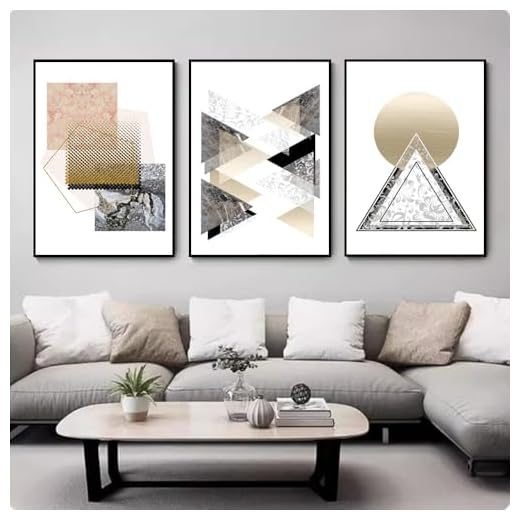 Modern Abstract Wall Art Prints, Geometric Marble Design, Set of 3 Framed Posters, Black Gold and Gray Geometry Triangle Circle Framed Canvas Wall Art 16“X 24”