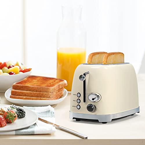 Toaster 2 Slice,1.5"Extra Wide Slots Toaster,Retro Stainless Steel With Bagel, Cancel, Defrost, Reheat Function And 6-Shade Settings, Removal Crumb Tray (Cream) #TOP6