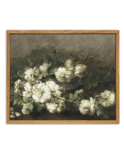 Art mural encadré de roses blanches crème et peinture antique