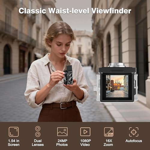 Mini Retro TLR Digital Camera, Portable 24MP 1080P FHD Vintage Point and Shoot Pocket Travel Camera with Twin Lens, Autofocus, 16X Digital Zoom, 16GB Card, for Beginners, Teens & Adults - Black — view 3