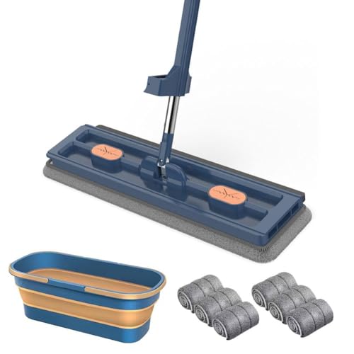 kkiuop Mopa plana grande y cubo escalable, 6 almohadillas de microfibra lavables, rascador de piso de limpieza autosuprendible, trapeadores con juego, 360°