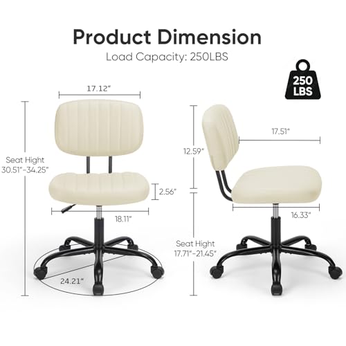 DUMOS Armless Home Office Desk Chair -Small Ergonomic with Low Back Lumbar Support, Height Adjustable PU Leather Computer Task with 360° Swivel Rolling Wheels, for Small Space, Beige White