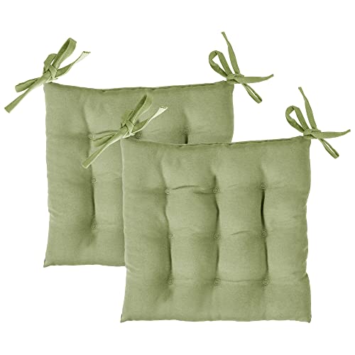 Komfortec Coussins de Chaise Lot de 2 40x40 cm avec Attaches, Coton 220 g/m², Coussins de Chaise de Jardin pour l'intérieur et l'extérieur, Vert