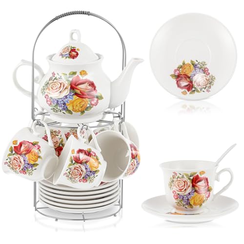 Zhehao 20 Pcs Vintage Porcelain Tea Set with Metal Holder Adult Ceramic Tea Party Set European Flower Tea Cup Saucer Set for Adult Women with Flower Painting, Large Version