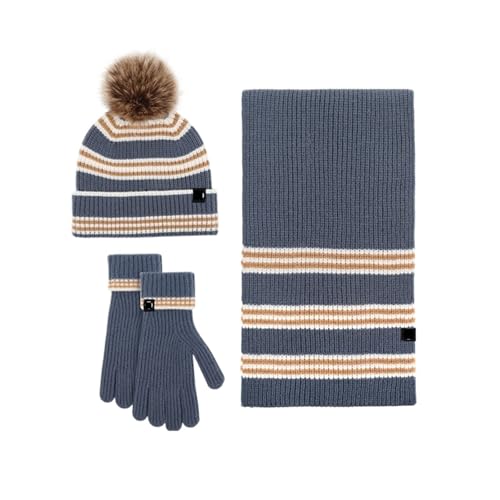3 St Vinterset Vintervarm Utomhusmössa, Halsduk Och Handskeset Med Öronkåpor Pom-poms För Utomhus(Blue)