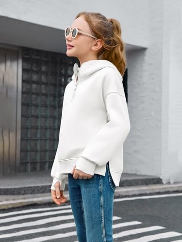 Haloumoning Girls Athletic Quarter Zip Fleece Hoodies Kids Side Slits Sweatshirts Thumb Hole Pullover Tops 5-14 Years3