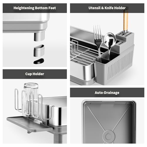 Image of Ewaiira Dish Drying Rack, 304 Stainless Steel Dish Racks for Kitchen Counter, Dish Drainers with Automatic Drainage, Utensil Holder & Cups Holder, Space Saving Kitchen Organizer, Gray